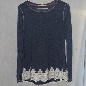 Rewind Navy Blue Long Sleeve Top with White Lace Trim